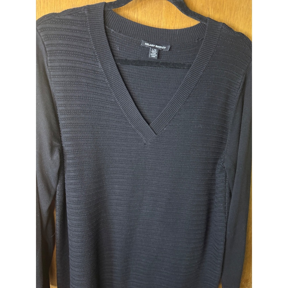 Hilary Radley Womens Black V-Neck Textured Ribbed Knit Long Sleeve Sweater Large